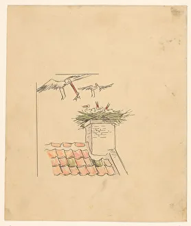 Stork Prints: Stork nest on a chimney, c.1880-c.1910. Creator: Anon