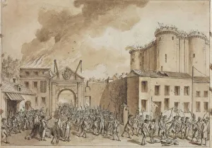 Brown Indian Ink Prints: The Storming of the Bastille on 14 July 1789. Creator: Desrais, Claude Louis (1746-1816)