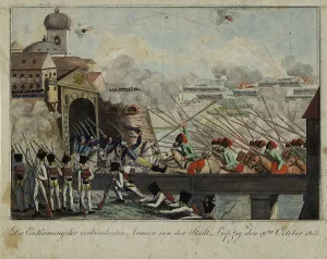 Storming of the city of Leipzig by the Allied troops. Artist: Anonymous Storming of the city of Leipzig by the Allied troops. Artist: Anonymous