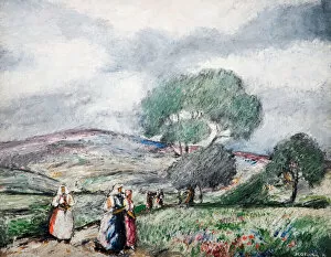 Hungarian Gallery: Stormy Landscape With Blue And Red Figures, 1940. Creator: Karoly Kotasz