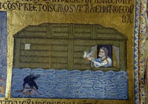 Mosaic Prints: Story of Noah: Noah sending the raven and the first dove (Detail of Interior Mosaics in the St)