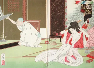 Adjusting Prints: The Story of Priest Nitto at Emmeiin, 1885. Creator: Tsukioka Yoshitoshi