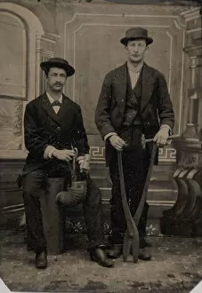 Two Stovepipe Makers, One with a Hammer and Tin Snips... 1880s. Creator: Unknown