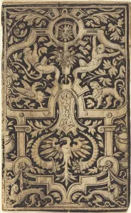 Strapwork Prints: Strapwork and Foliage Ornament on Dark Ground with Monkeys and other Animals