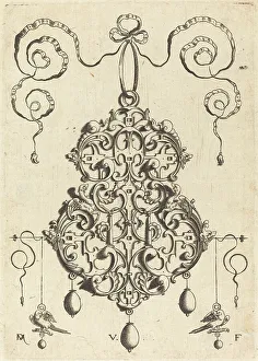 Mignot Daniel Prints: Strapwork Pendant with Two Birds as Earrings at Left and Right. Creator: Daniel Mignot