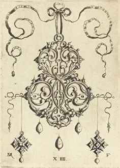 Mignot Daniel Prints: Strapwork Pendant with Three Drops and Two Cross-Shaped Pendants as Earrings at Left and Right