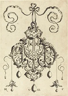 Mignot Daniel Prints: Strapwork Pendant with Two Eagles as Earringsat Left and Right. Creator: Daniel Mignot