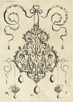 Swans Prints: Strapwork Pendant with Two Swans as Earrings at Left and Right. Creator: Daniel Mignot