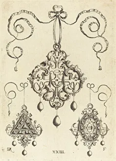 Three Strapwork Pendants, The Lower Ones Triangular and Oval. Creator: Daniel Mignot