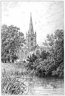 Images Dated 27th March 2007: Stratford church as seen from the river, Stratford-upon-Avon, Warwickshire, 1885.Artist: Edward Hull