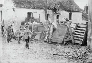 Barricade Prints: Street barricade in French town, between 1914 and c1915. Creator: Bain News Service