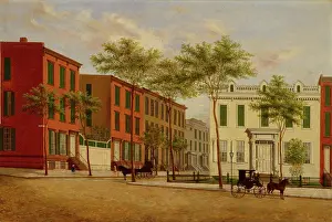 Carriages Prints: Street in Brooklyn, between 1880 and 1890. Creator: Unknown