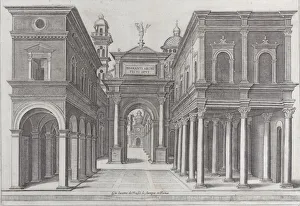 Third State Of Three Prints: A street with buildings, colonnades and an arch, 1475-1510