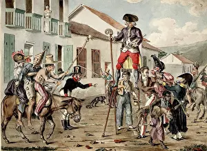 Carnival Prints: A street carnival in Bogota, with a battle between personifications of medicine