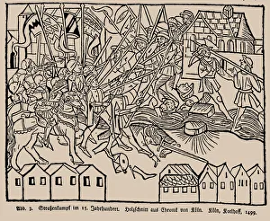 Street Fight Prints: Street fighting in the 15th century. From the Cologne Chronicle by Johann Koelhoff, 1499