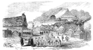Palanquin Prints: Street in Hakodade, and funeral procession, 1856. Creator: Unknown