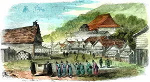 Street in Hakodate, and funeral procession, Japan, 1856