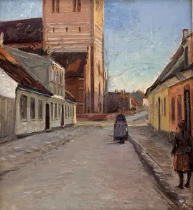 Gottschalk Albert Alfred Prints: Street in Koge with Nicolai church on the left, 1898. Creator: Albert Gottschalk