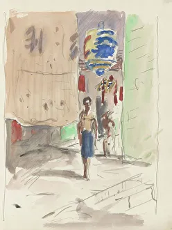 Bauer Marius Prints: Street with a lantern and figures, 1931. Creator: Marius Bauer