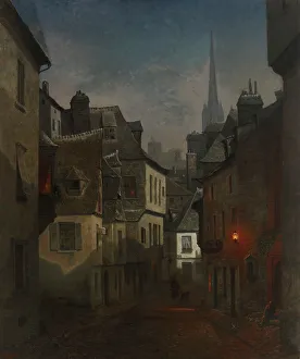 Nocturnal Prints: Street in Quimper, Brittany, Nocturnal View, 1874. Creator: Oscar Kleineh