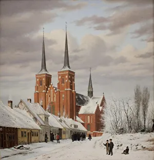 Jorgen Pedersen Roed Prints: Street in Roskilde. In the Background the Cathedral, 1836. Creator: Jorgen Pedersen Roed