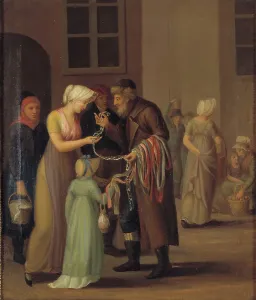 Itinerant Prints: Street scene in Copenhagen, young woman buying lace from a Jewish trader