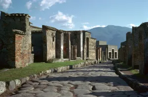 Street scene in Pompeii with Vesuvius in the background, 1st century