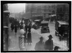 Trolley Bus Prints: Street scene, with snow, Washington, D