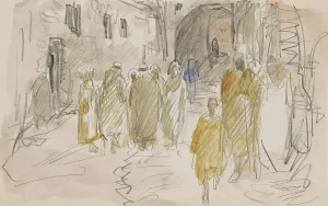 Moroccan Prints: Street with standing figures in a circle, 1923. Creator: Marius Bauer