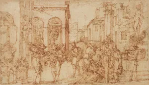 Tradesman Prints: Street With Tradesmen, late 16th-early 17th century.. Creator: Giovanni Maria Tamburini