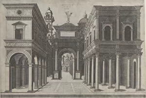 Bramante Gallery: A street with various buildings, colonnades and an arch, 1475-1510
