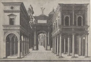 Bramante Gallery: A street with various buildings, colonnades and an arch, 1475-1510