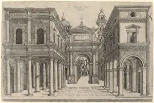 Bramante Donato Prints: A Street with Various Buildings, Colonnades and an Arch, c. 1500 / 1510