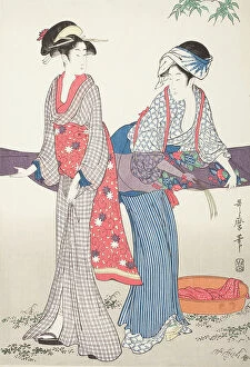 Floral Design Collection: Stretching Wet Cloth (image 1 of 3), late 18th-early 19th century. Creator: Kitagawa Utamaro