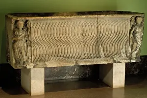 Sarcophagi Prints: Strigilated Sarcophagus with Figures of Salus & Asclepius, 3rd century. Creator: Unknown