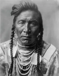 Strike On his Head, Crow Indian, Montana, head-and-shoulders portrait, facing front, loose... c1908 Creator: Edward Sheriff Curtis