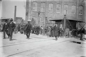 Mills Prints: Strikers leave mills, Passaic, between c1910 and c1915. Creator: Bain News Service
