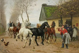 Chicken Prints: A String of Horses Outside an Inn, 1878. Creator: Otto Bache