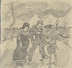 Strolling couple with child on a road in the rain, 1890