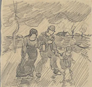 Van Gogh Museum Prints: Strolling couple with child on a road in the rain, 1890