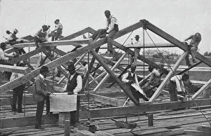 Booker T Prints: Students framing the roof of a large building, 1904. Creator: Frances Benjamin Johnston