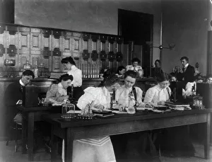 Microscope Prints: Students in a science class using microscopes