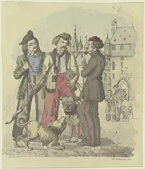 Student Prints: Three students smoking with two dogs, 1829. Creator: Jakob Dielmann