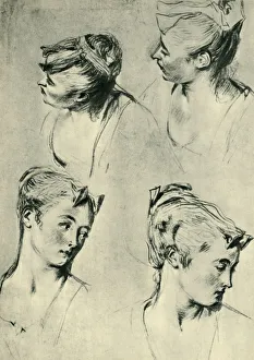 Jean Antonie Watteau Prints: Four studies of female heads, early 18th century, (1943). Creator: Jean-Antoine Watteau
