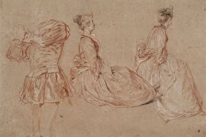 Images Dated 19th September 2005: Studies of a flute-player and two women, 1717. Artist: Jean-Antoine Watteau