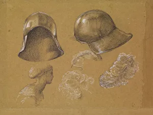 Helmets Prints: Studies of Helmet, Female Profile and Ostrich Feathers