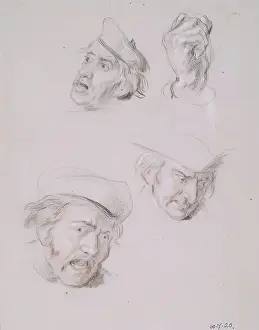 Chalk On Paper Prints: Studies of Three Male Heads and One Hand, 1825-1849. Creator: William Allan