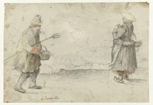 Studies of a Man and a Woman Standing on the Bank of a Frozen River, with a Town... c.1610-c.1615. Creator: Hendrick Avercamp