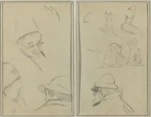 Three Studies of Men's Heads, One with Spectacles; Dogs, Children, and Two...[verso], 1884-1888. Creator: Paul Gauguin
