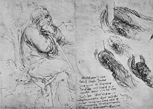 Back To Front Gallery: Studies of a Old Man Seated and of Swirling Water, c1480 (1945). Artist: Leonardo da Vinci